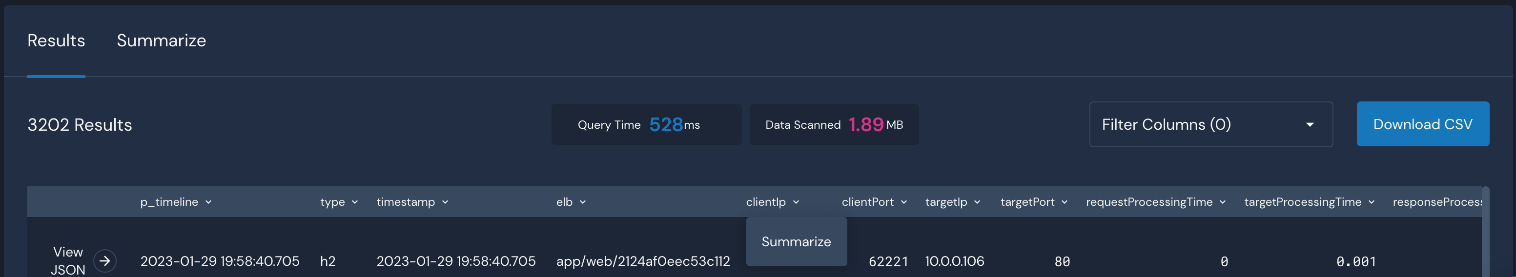 The Results tab of the Data Explorer shows there are 3202 Results. The Query Time was 528 ms, and the Data Scanned was 1.89MB. There is a select dropdown that has "Filter Columns (3)" selected, and a "Download CSV" button. The first result of the query is shown in table format. The following fields are visible: p_timeline, type, timestamp, elb, clientIp, clientPort, targetIp, targetPort, requestProcessingTime, and targetProcessingTime.