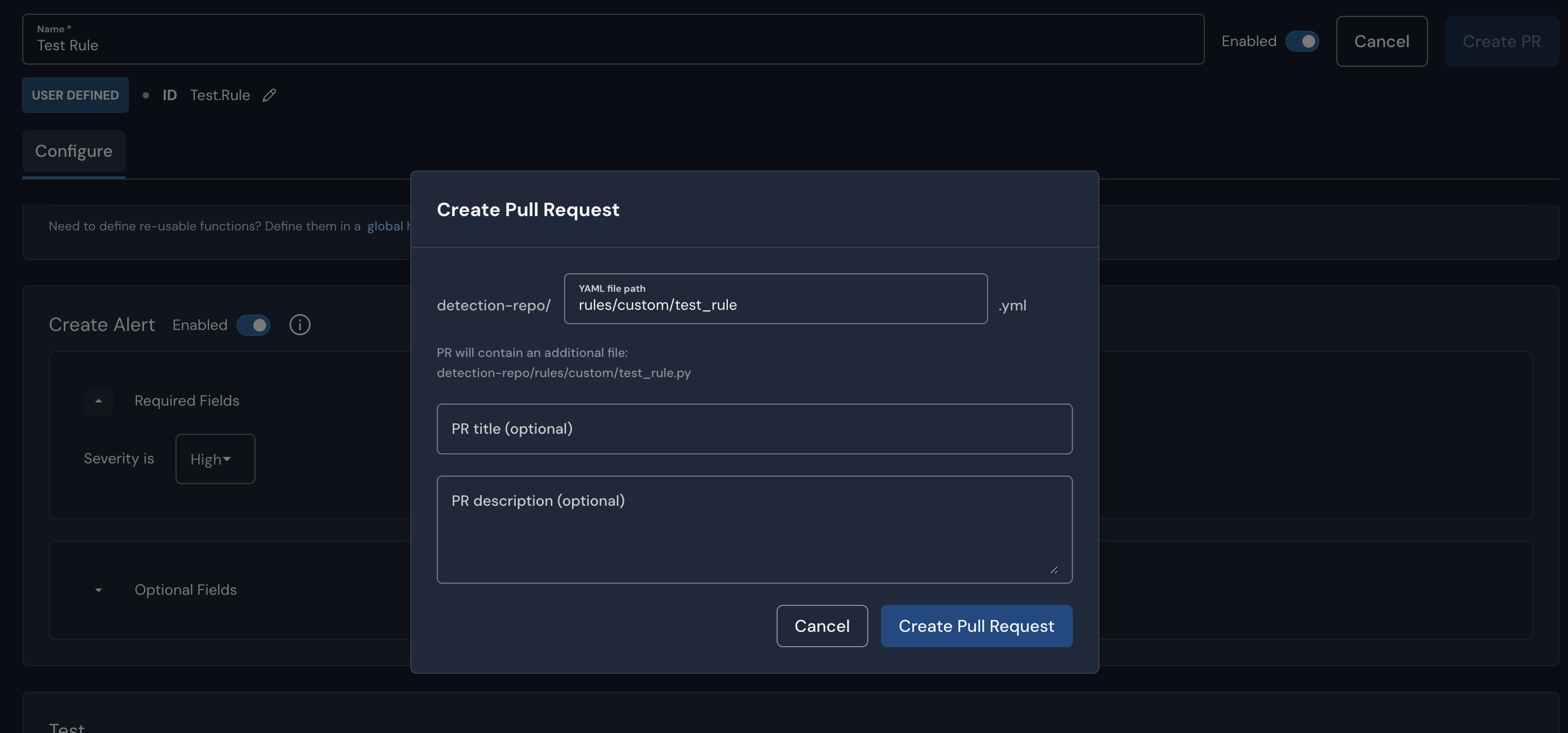 The 'Create Pull Request' modal in the Panther Console, with fields for YAML file path, PR title (optional), and PR description (optional), and Cancel and Create Pull Request buttons. A note above the title field reads 'PR will contain an additional file: detection-repo/rules/custom/test_rule.py'.