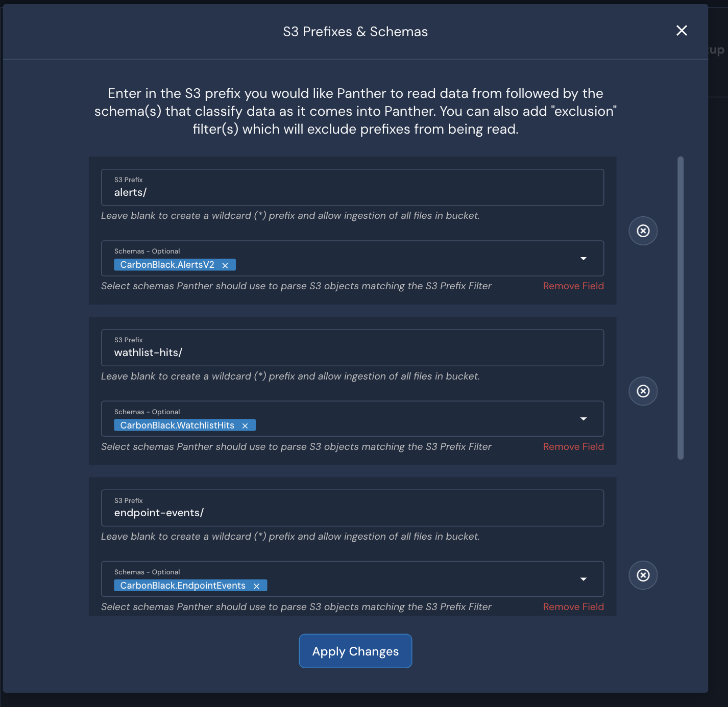 A form titled "S3 Prefixes & Schemas" shows three pairs of "S3 Prefix" and "Schemas - Optional" fields.
