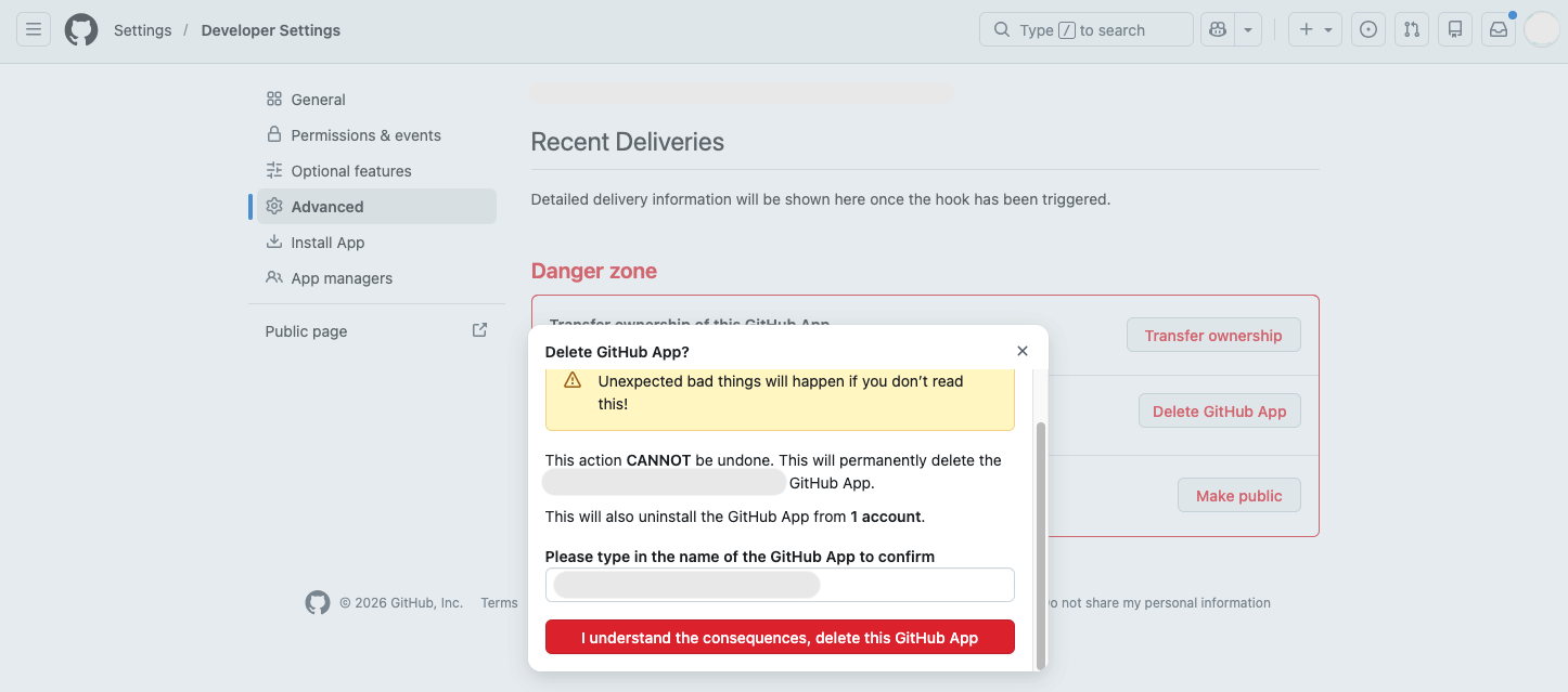 The 'Delete GitHub App?' dialog with the confirmation field filled in and the red 'I understand the consequences, delete this GitHub App' button active.