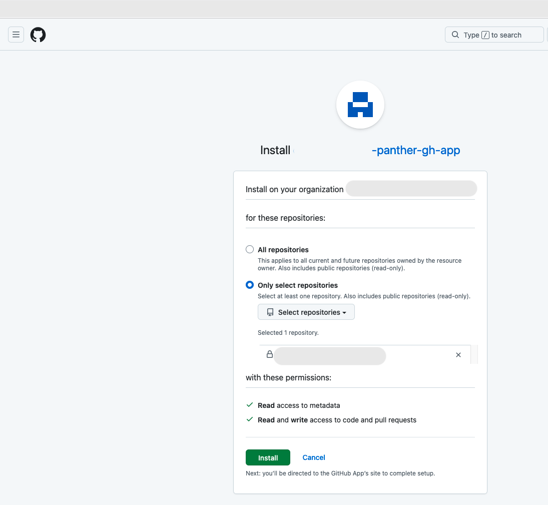 GitHub's app installation page with 'Only select repositories' selected and one repository chosen.