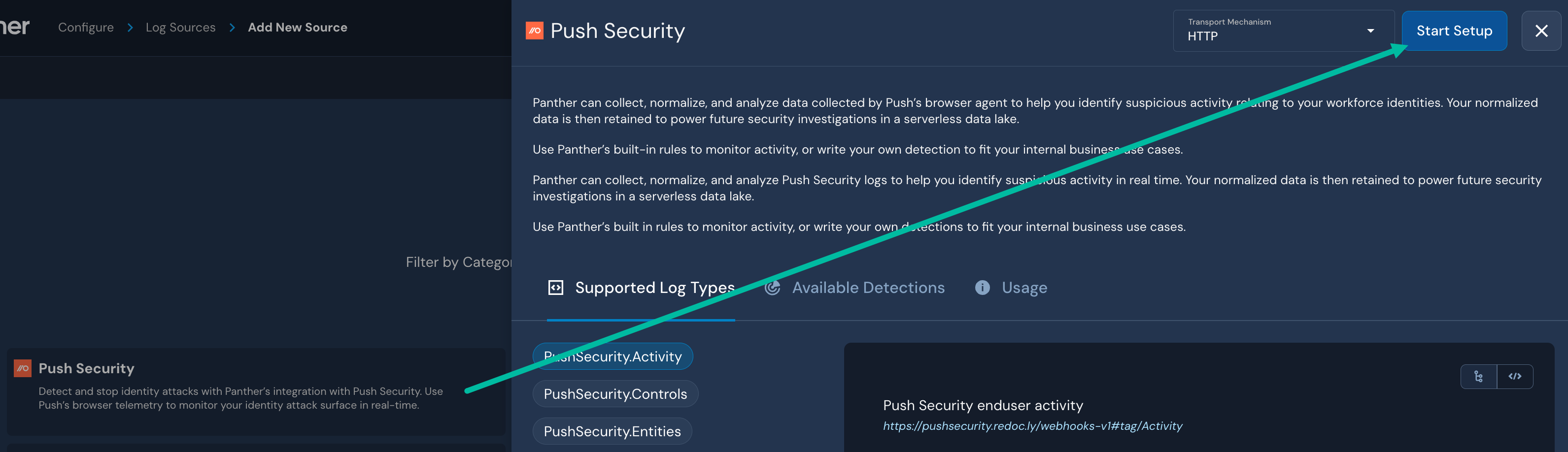 An arrow is drawn from a tile labeled "Push Security" in the background to a "Start Setup" button in the foreground.