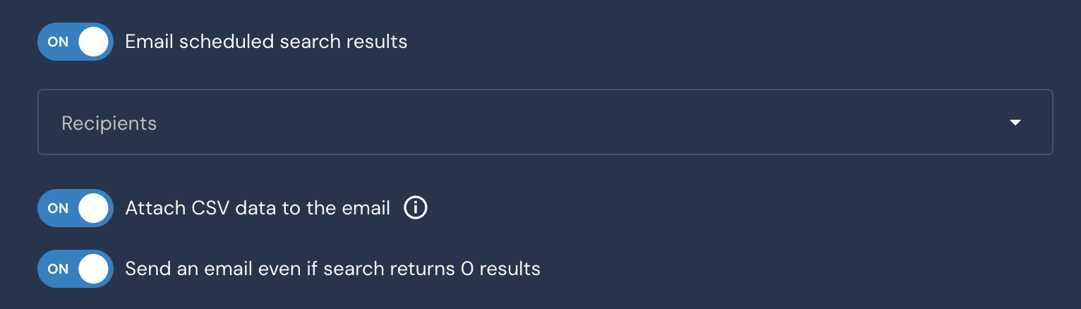 Three toggles are shown: Email scheduled search results, Attach CSV data to the email, and Send an email even if search returns 0 results.