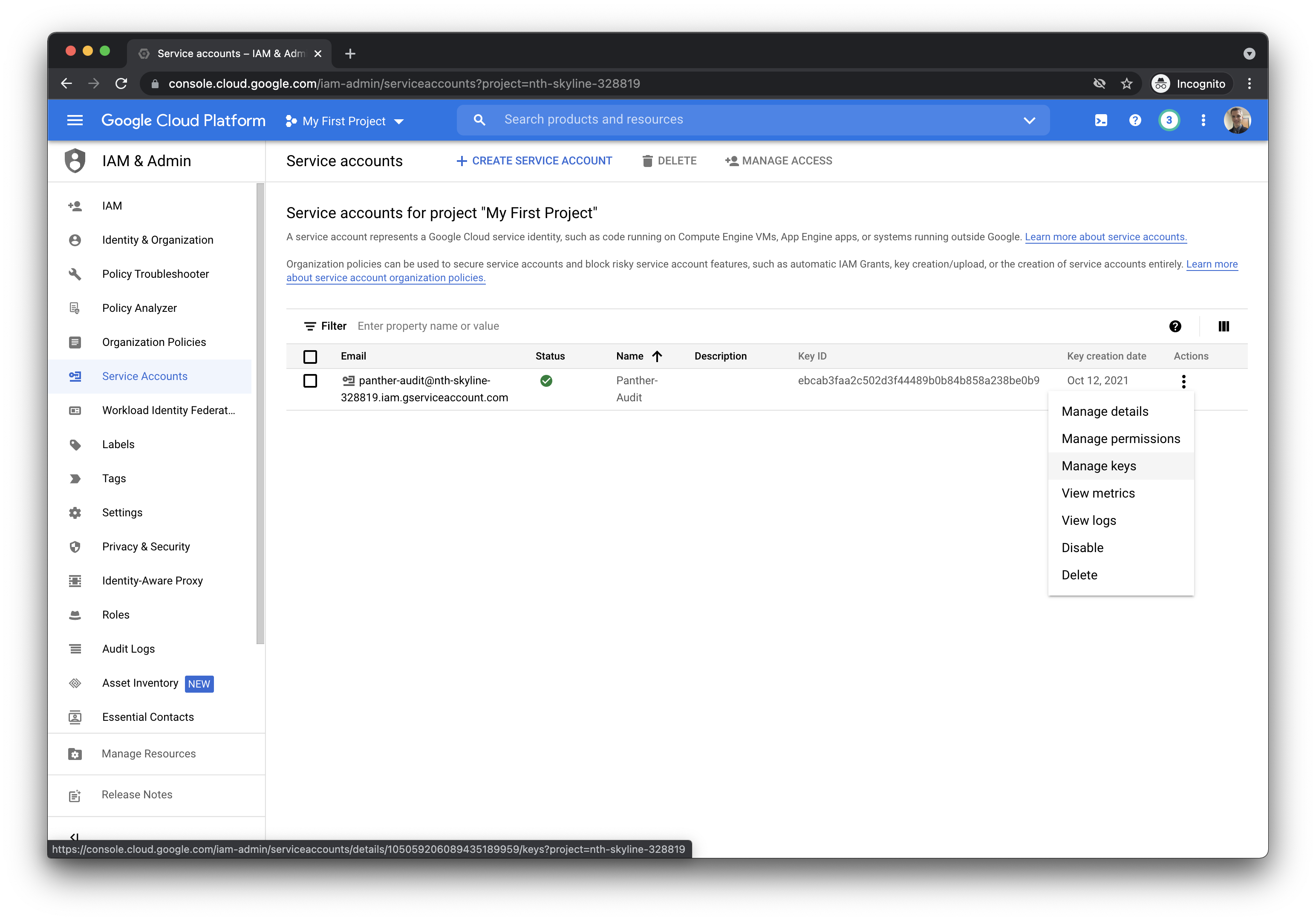 The image shows the IAM & Admin console in Google Cloud Platform. In the left sidebar, "Service Accounts" is highlighted. The center of the page says "Service accounts for project 'My First Project'". In the list, the panther-audit project is selected. A 3-dots icon on the right is expanded to an open dropdown menu, and the option "Manage keys" is highlighted.