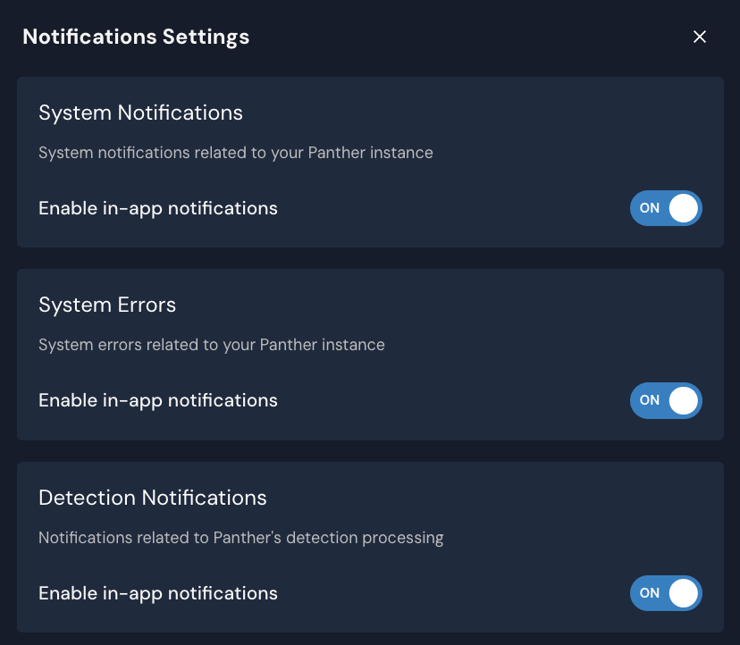 A Notifications Settings header is above three tiles, one for System Notifications, System Errors, and Detection Notifications. Each tile has a toggle turned ON.