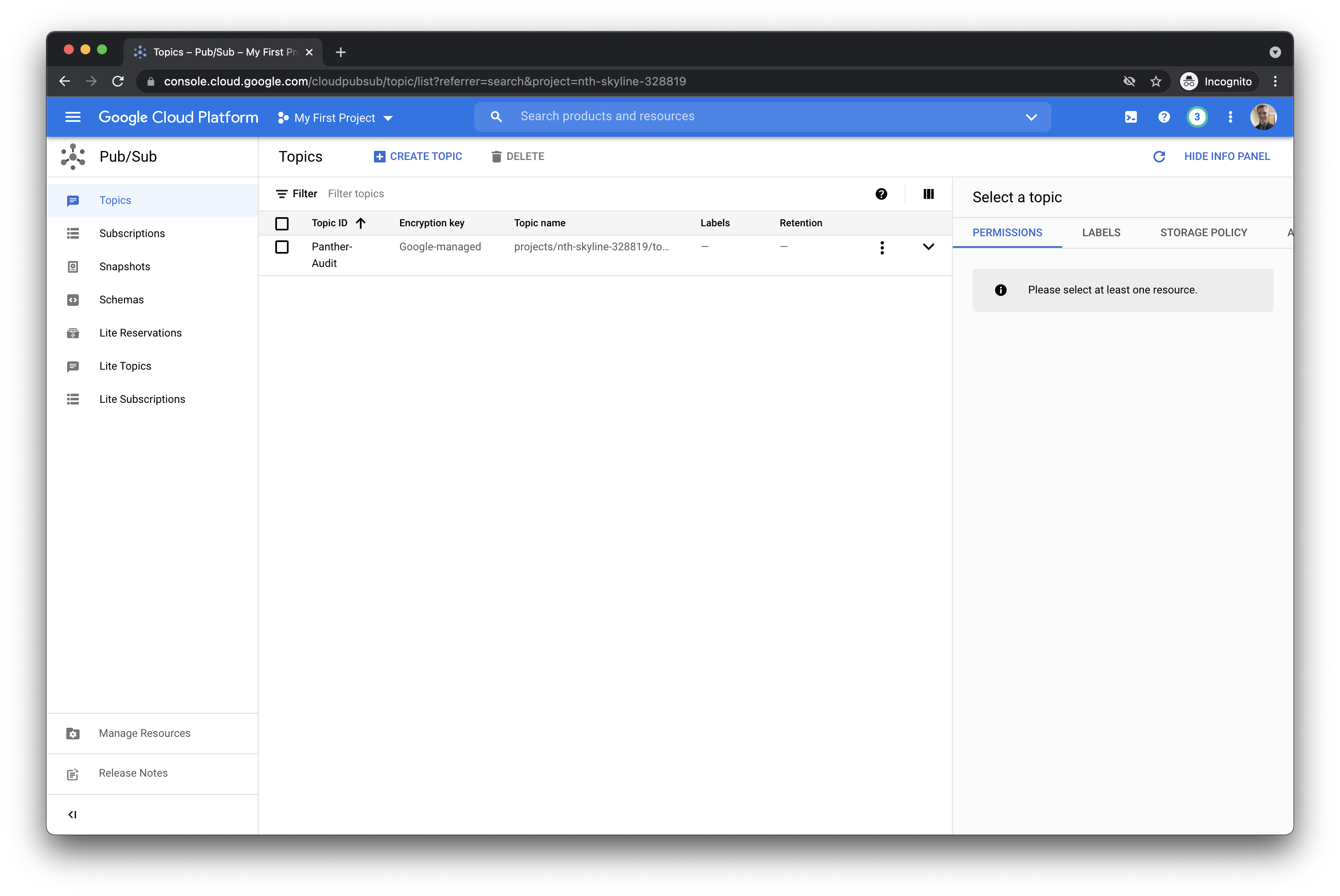 The image shows the Pub/Sub console from Google Cloud Platform