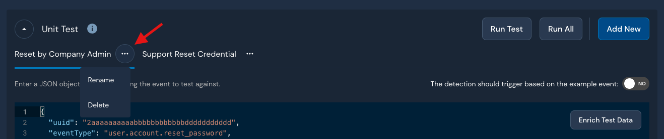 In the Unit Test section, a test named "Reset by Company Admin" is shown. The three dot icon to its right has been selected, which has opened a menu with two options: Rename and Delete.