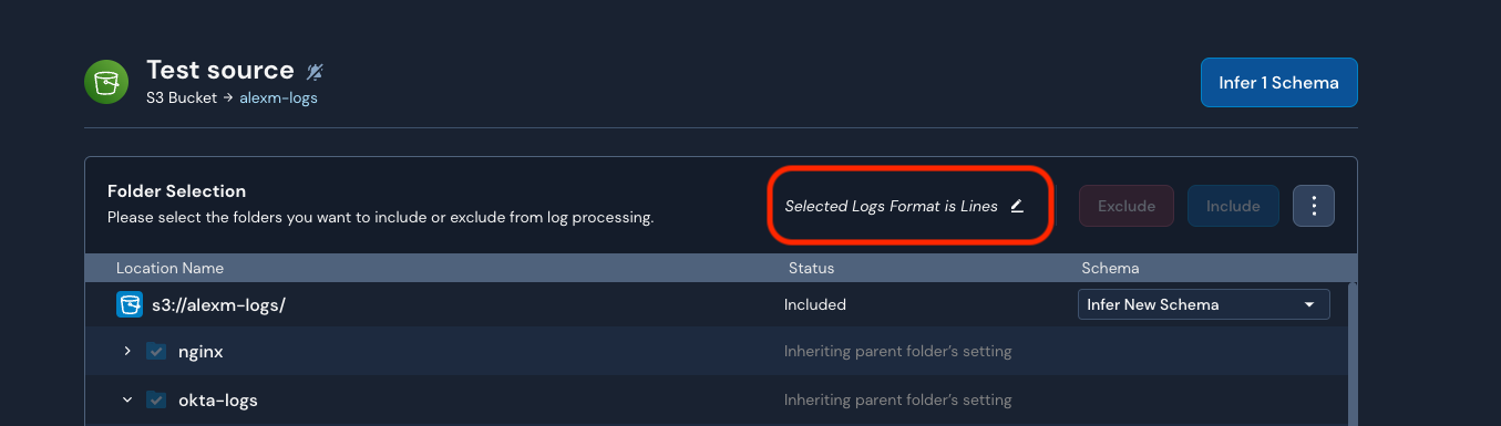 On the source's folder selection view in the Panther Console, the option to select a stream type appears at the top.