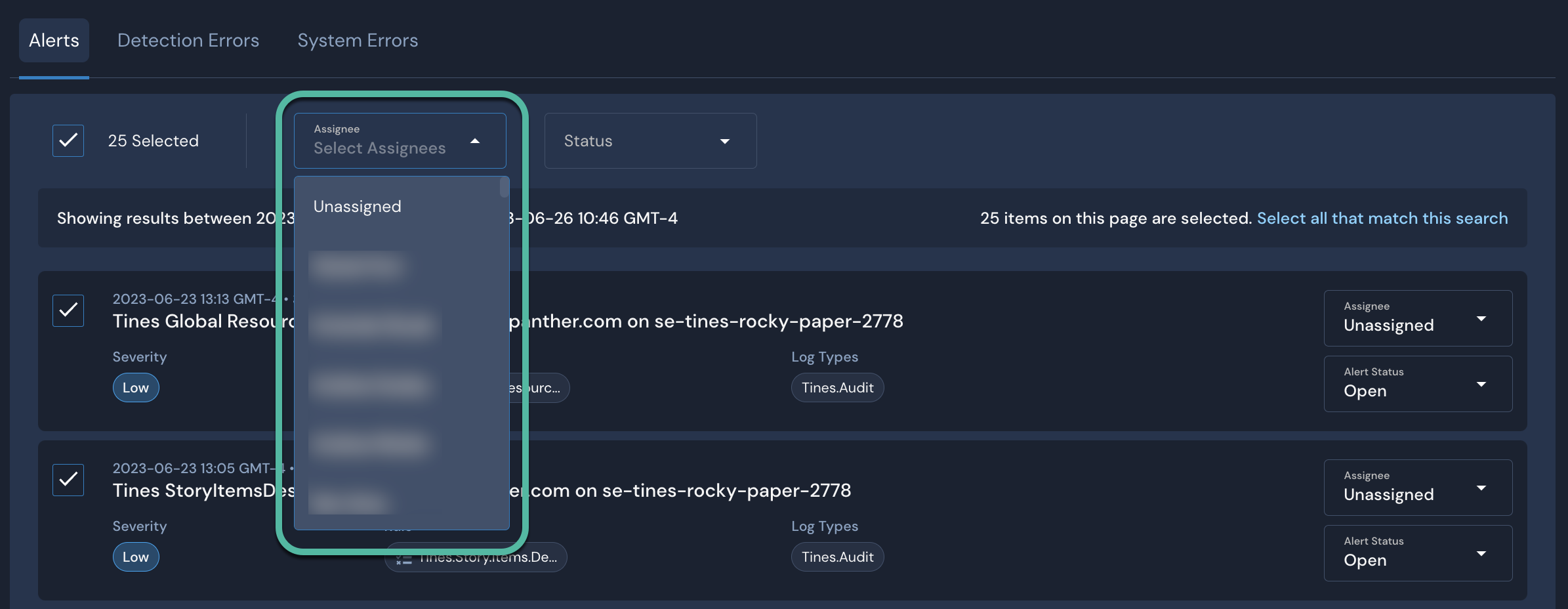 In the alerts list, all alerts have been selected. The assignee dropdown menu is open, and it is circled.