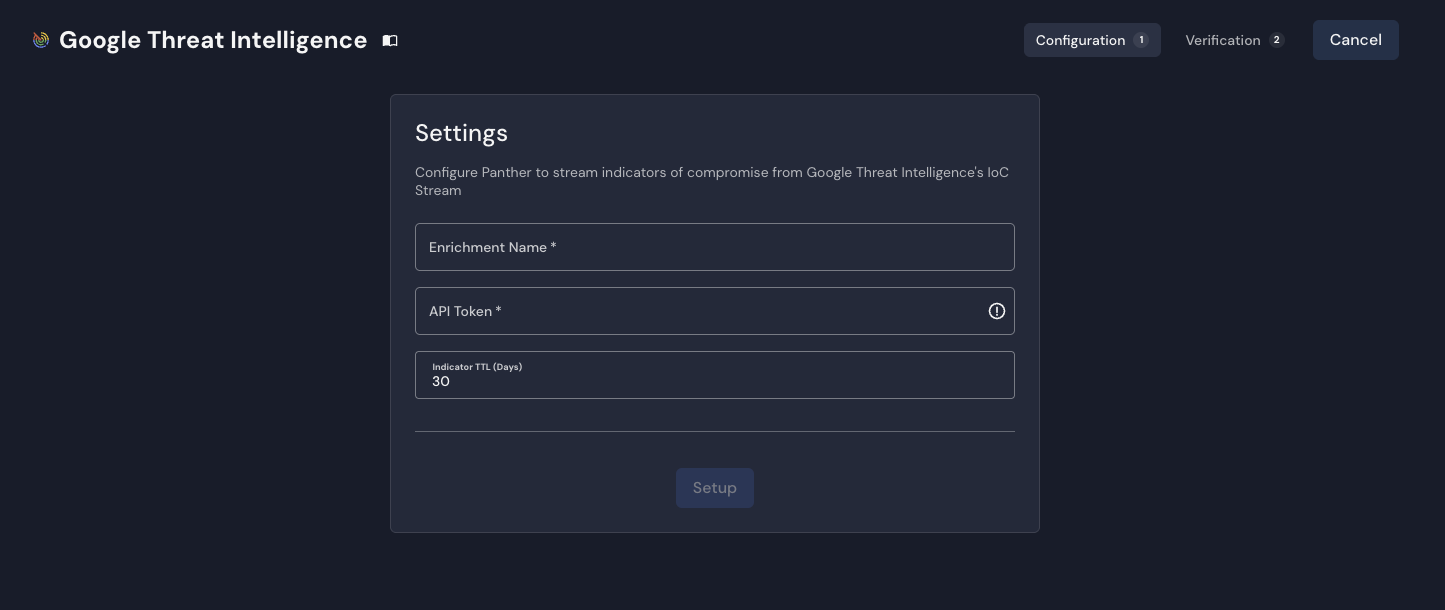 Google Threat Intelligence Settings form
