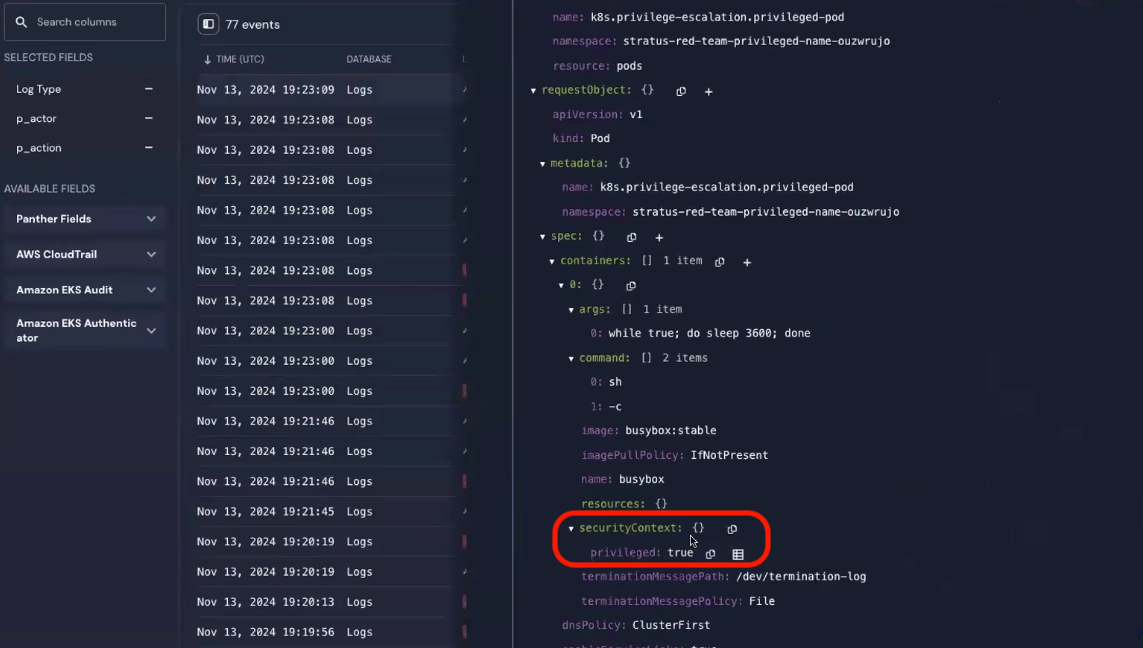 On the right-hand side is a slide-out panel showing a JSON log. A "securityContext" node is circled.