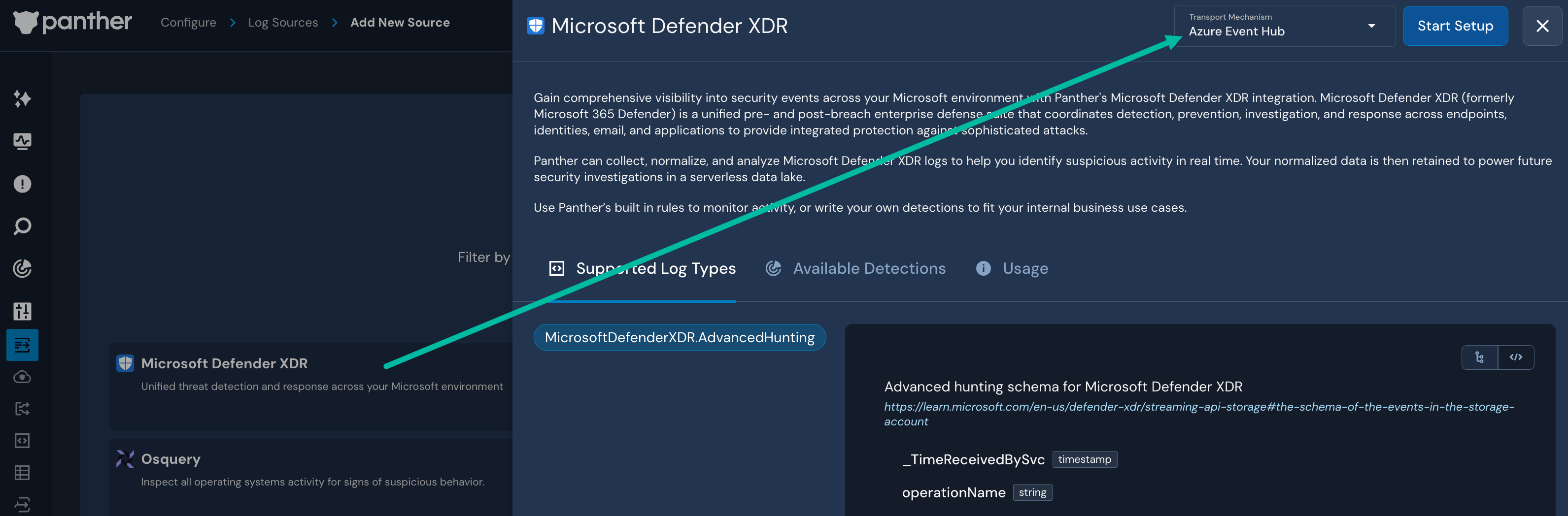 An arrow is drawn from a tile in the background titled "Microsoft Defender XDR" to a "Transport Mechanism" dropdown field.