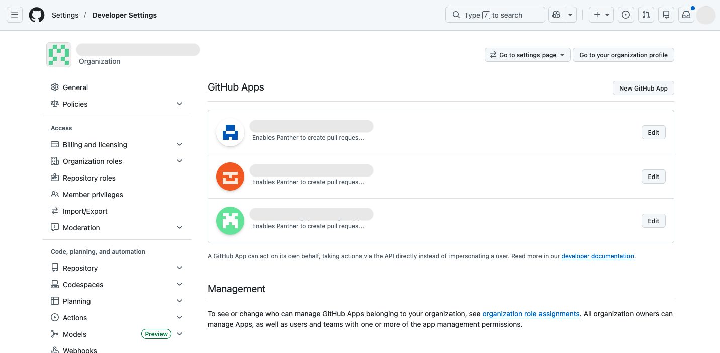 The GitHub Apps page in GitHub organization Developer settings, listing GitHub Apps registered to the organization, each with an Edit button.