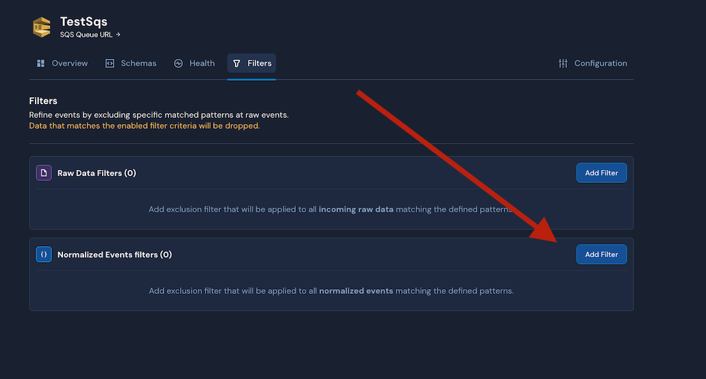 Under a "TestSqs" header, an arrow is drawn from a Filters tab to an Add Filter button on a Normalized Events Filters tile.