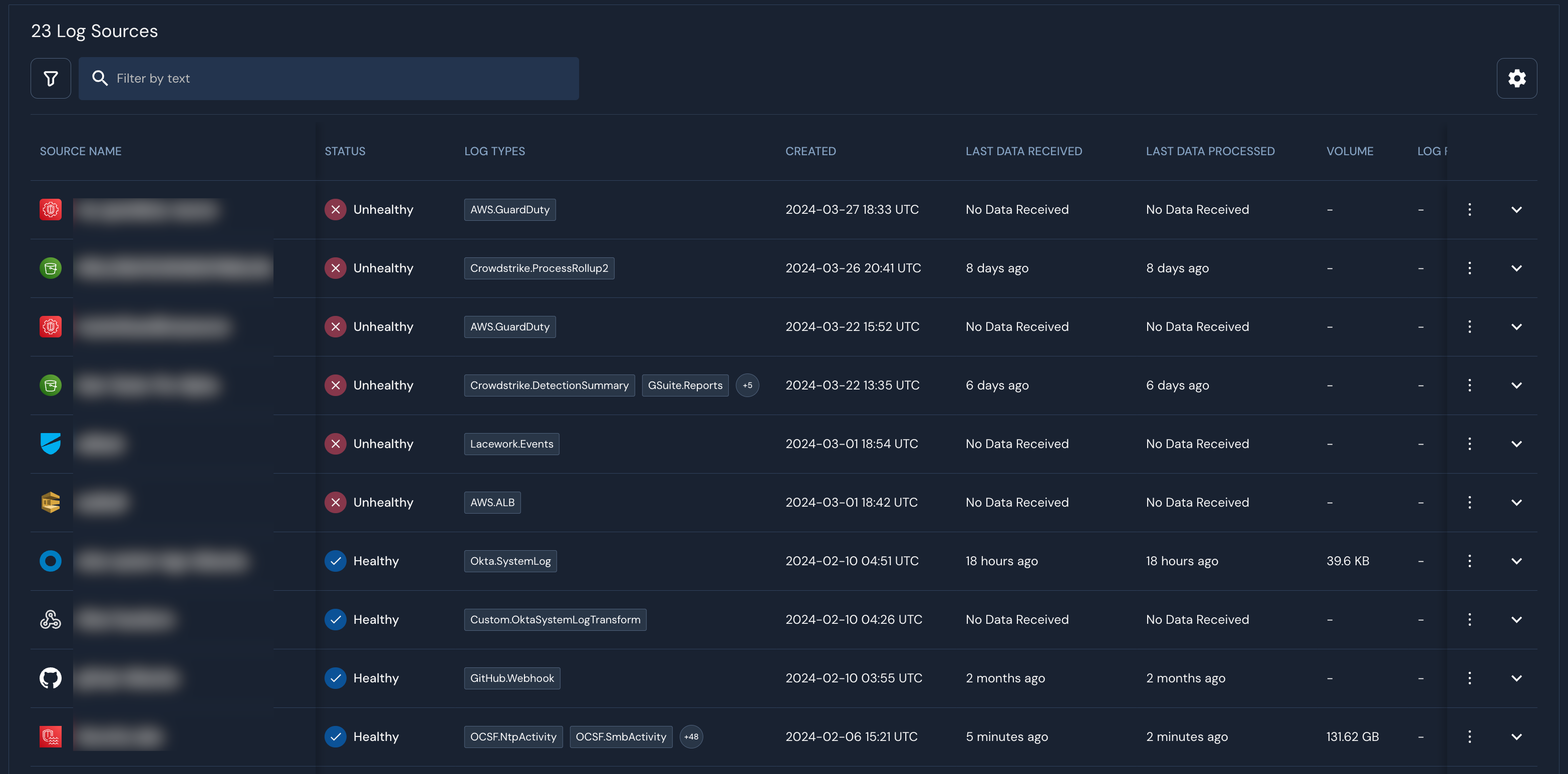 A "23 Log Sources" heading is above a table containing headers such as, "Source Name," "Status," "Log Types," and more.