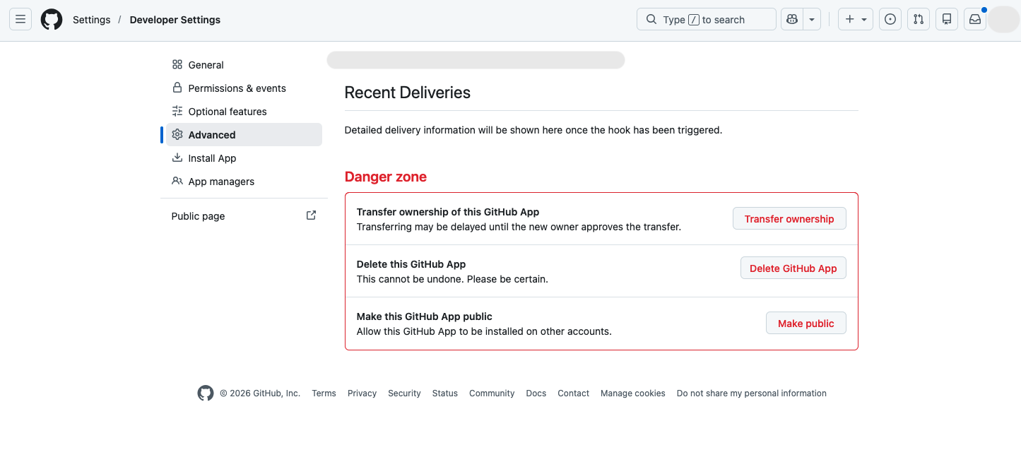 A GitHub App's Advanced settings page showing a 'Danger zone' section with Transfer ownership, Delete this GitHub App, and Make this GitHub App public options.