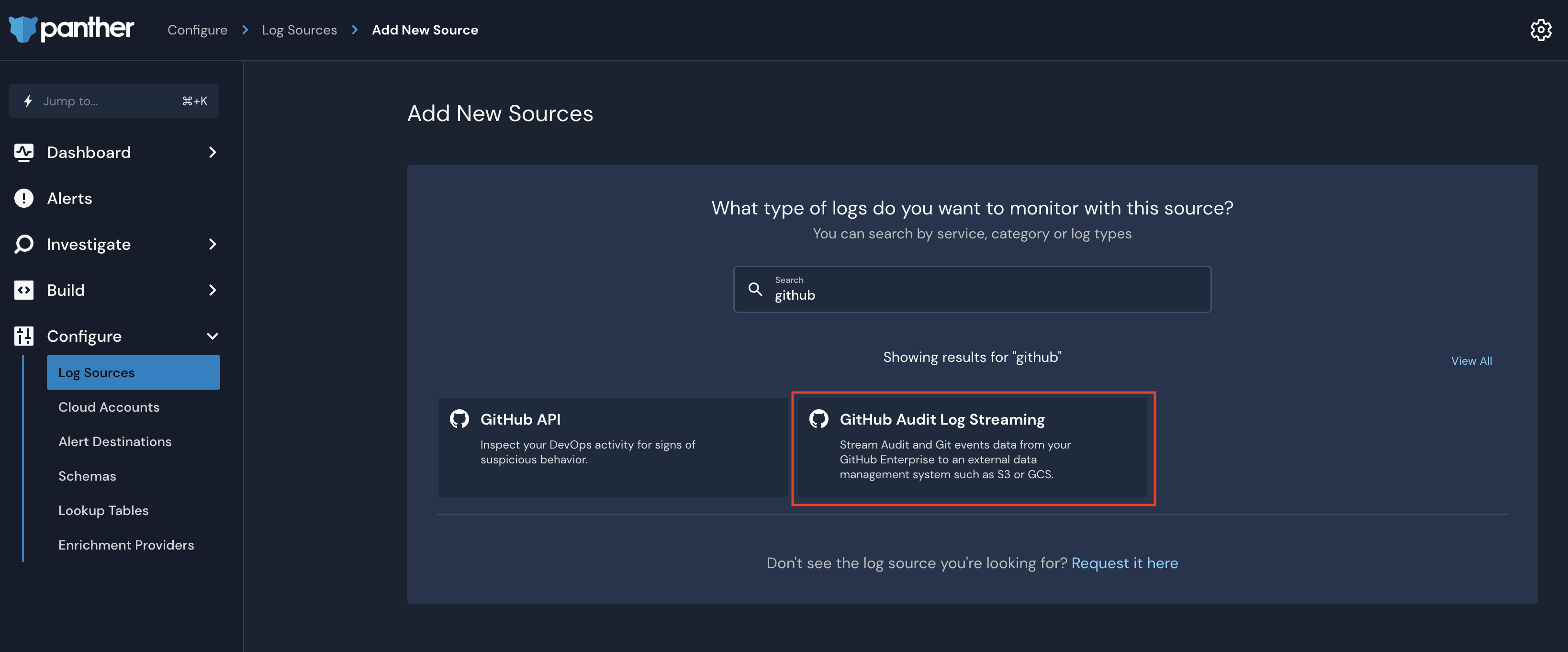 In the Panther Console, the Configure > Log Sources > Add New Sources screen shows a search for 'github.' Two tiles are populated, GitHub API and GitHub Audit Log Streaming. There is a red selector box around the latter.