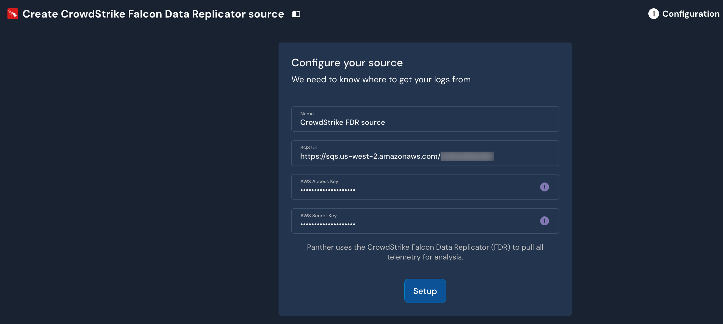 The image shows the configuration fields for the CrowdStrike integration in the Panther Console. There are fields for Name, SQS URL, AWS Access Key, and AWS Secret Key.