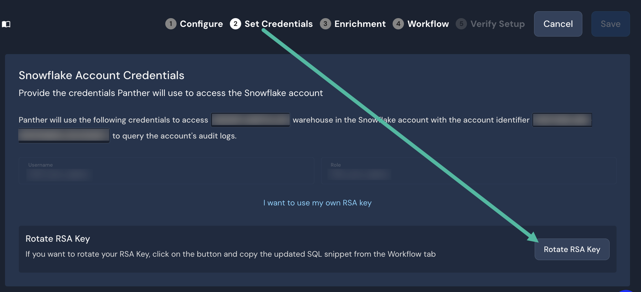 An arrow is drawn from a "Set Credentials" button to a "Rotate RSA Key" button.